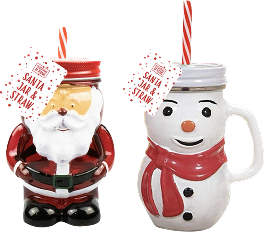 Christmas Character Glass drinking Jar With Straw